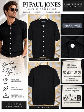 PJ Paul Jones Men’s Vintage Argyle Knit Polo Cardigan Shirt Black Size M